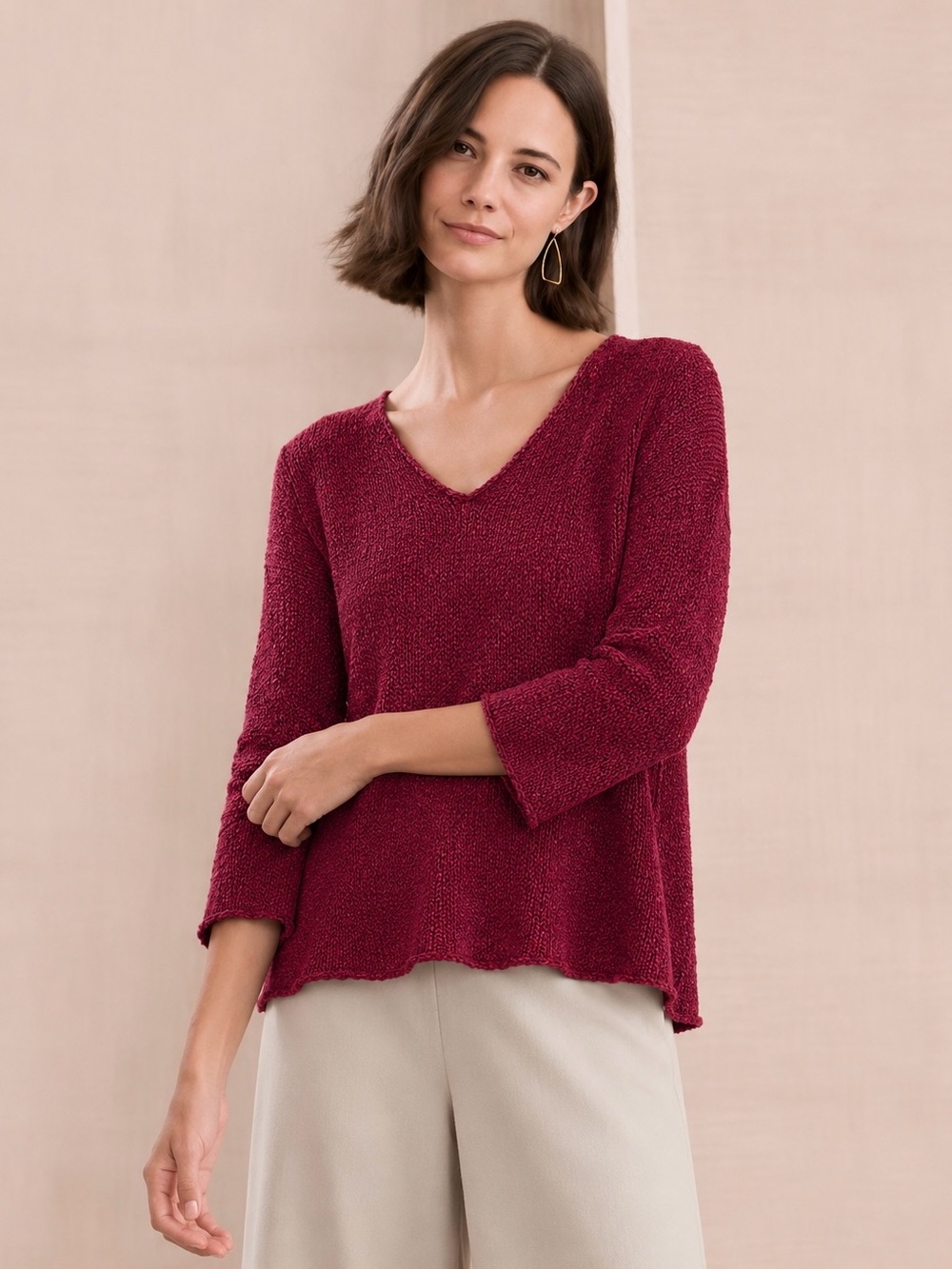 Eileen Fisher Cranberry Red Viscose Linen Relaxed Fit 3/4 Sleeve Sweater, Small